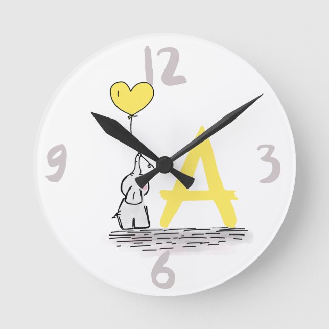 Elephant And Yellow Heart Balloon Monogram Nursery Round Clock (Front)