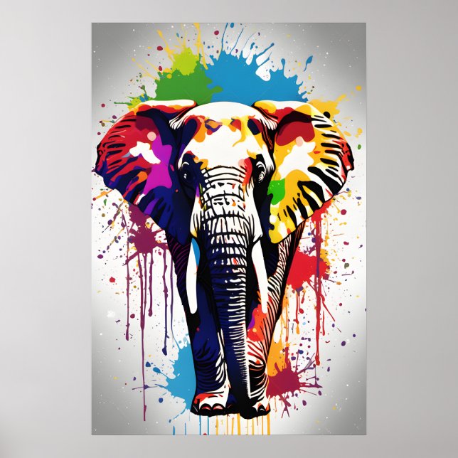 Elephant Art, Wildlife Splatter Art Rainbow Colour Poster (Front)
