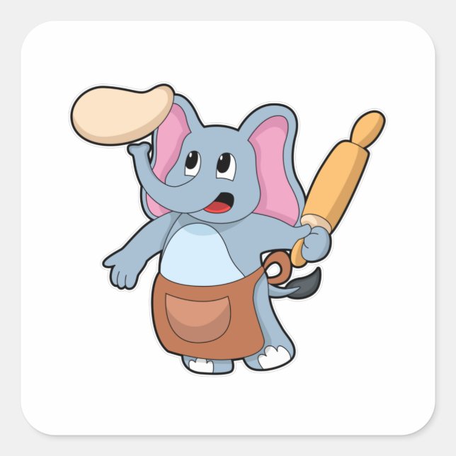 Elephant as Cook with Rolling pin & Dough Square Sticker (Front)