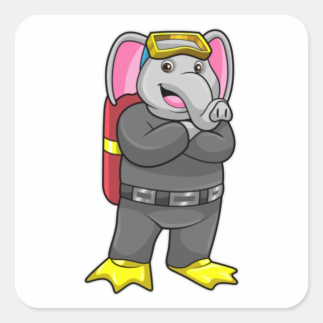 Elephant as Diver with Diving goggles Square Sticker (Front)