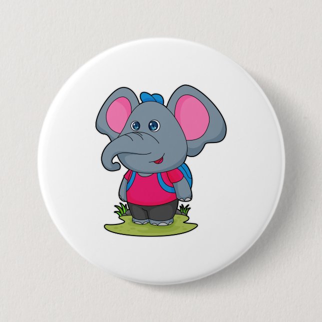 Elephant as Hiker with Backpack 7.5 Cm Round Badge (Front)