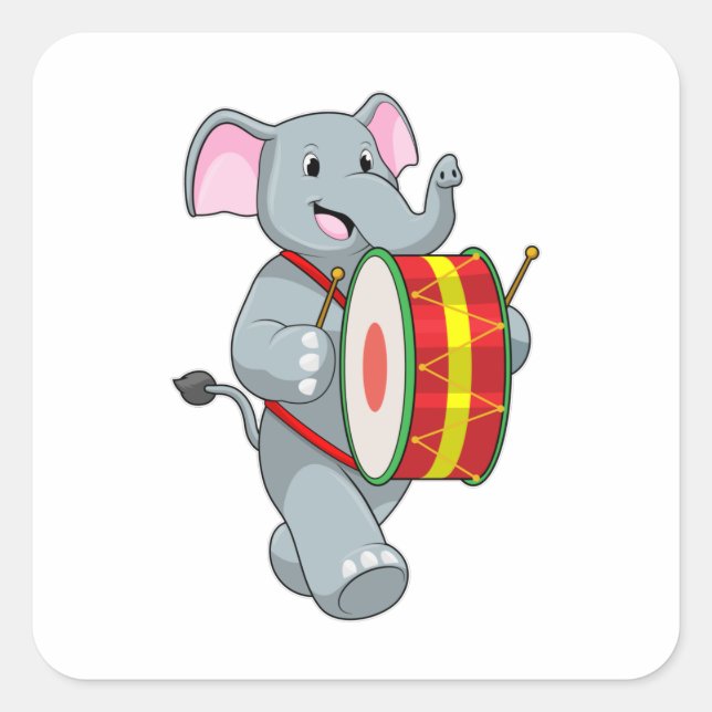 Elephant as Musician with Drum Square Sticker (Front)