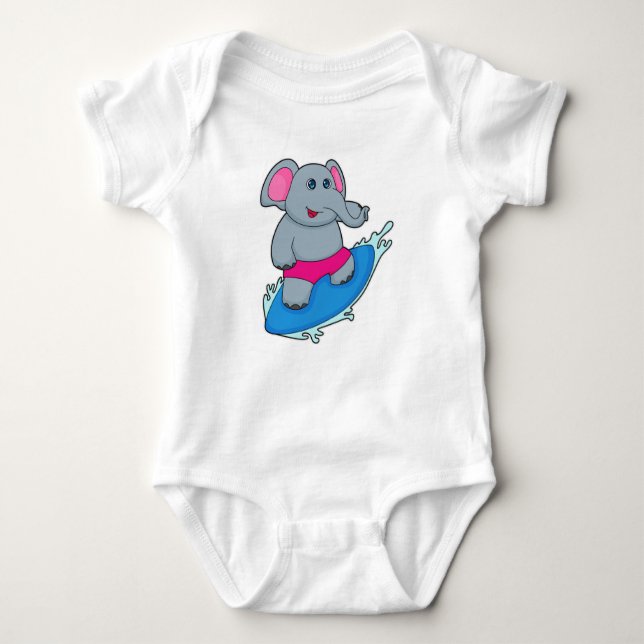 Elephant as Surfer with Surfboard Baby Bodysuit (Front)