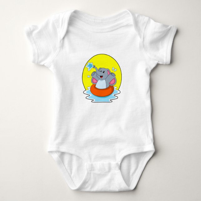 Elephant at Swimming with Lifebuoy Baby Bodysuit (Front)