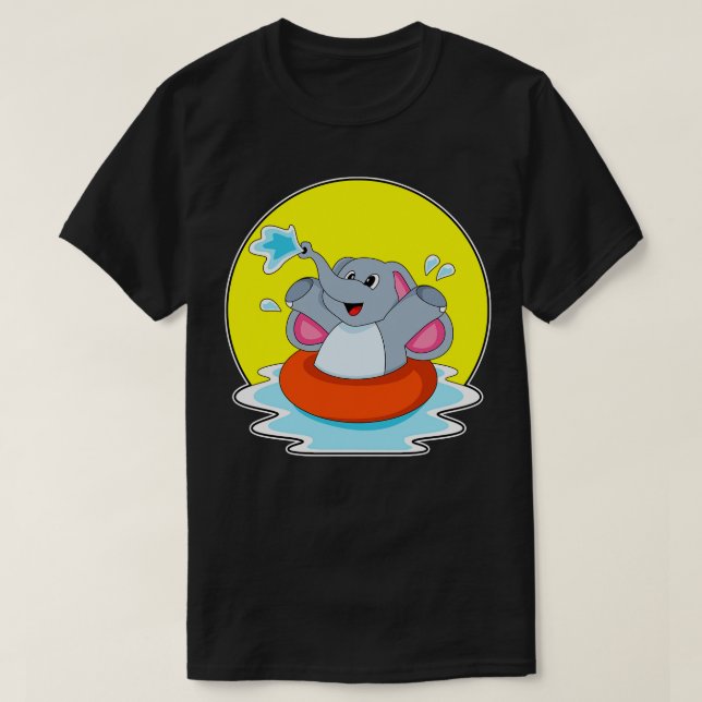 Elephant At Swimming With Lifebuoy  T-Shirt (Design Front)
