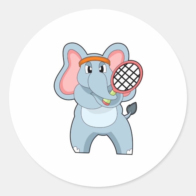 Elephant at Tennis with Tennis racket Classic Round Sticker (Front)