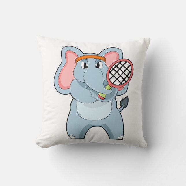 Elephant at Tennis with Tennis racket Cushion (Front)
