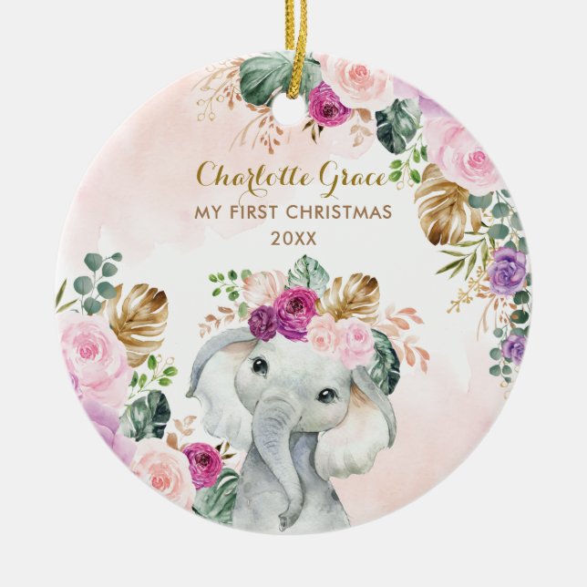 Elephant Baby 1st Christmas Blush Floral Greenery Ceramic Ornament (Front)