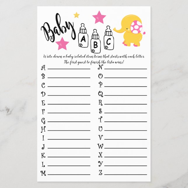 ELEPHANT BABY ABC BABY SHOWER GAME CARD (Front)