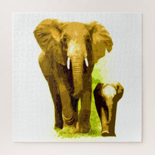 Elephant & Baby - Animals Art Jigsaw Puzzle