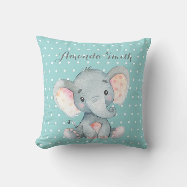 Elephant Baby Aqua Teal Turquoise and Gray Cushion (Front)