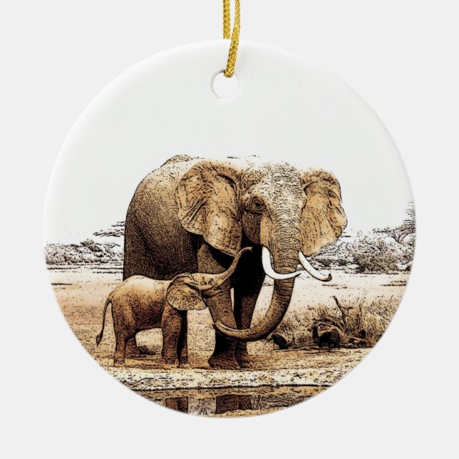 Elephant & Baby Elephant Ceramic Ornament (Front)