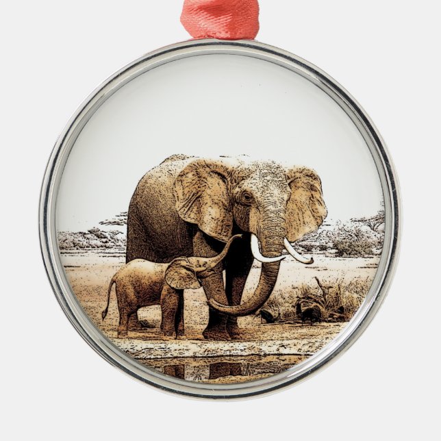 Elephant & Baby Elephant Metal Ornament (Front)
