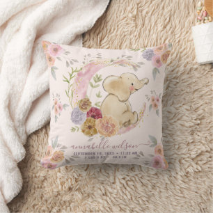 Elephant Baby Girl Birth Stats Photo Cushion