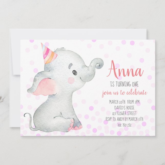 Elephant Baby Girl Blush Pink Confetti Jungle Cute Invitation (Front)