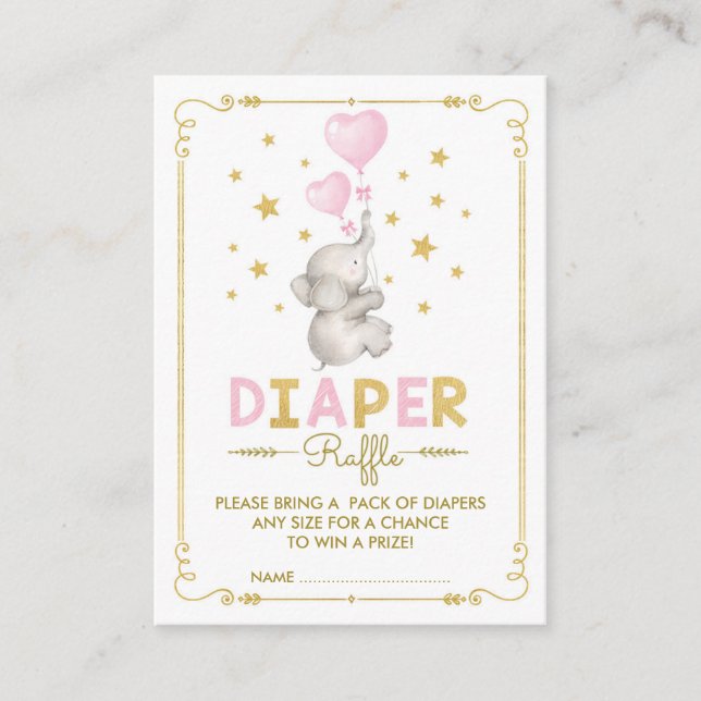 Elephant Baby Girl Diaper Raffle Pink Gold Stars Enclosure Card (Front)