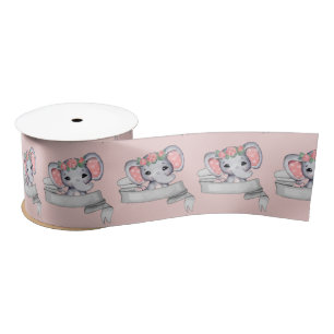 Elephant Baby Girl Pink and Grey Pattern Pink  Satin Ribbon
