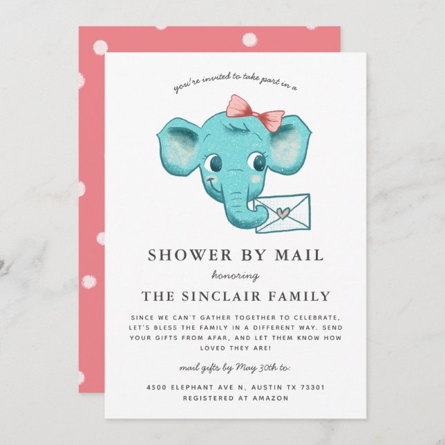 Elephant Baby Girl Shower By Mail Invitation (Front/Back)