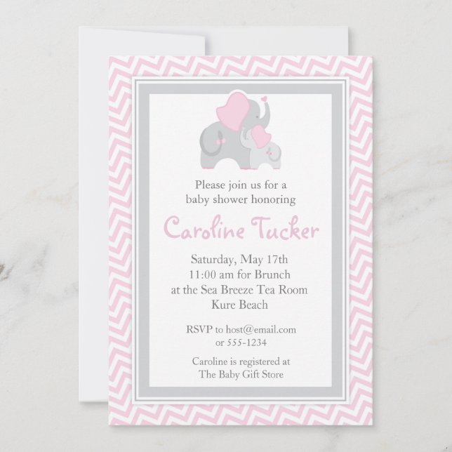 Elephant Baby Girl Shower Invitation Pink Chevron (Front)