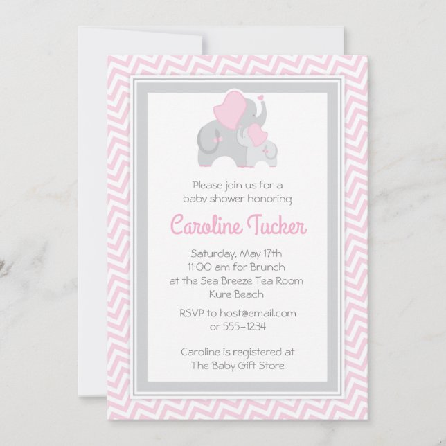 Elephant Baby Girl Shower Invitation Pink & Grey (Front)