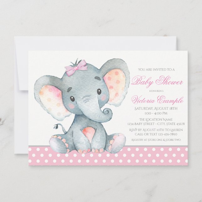 Elephant Baby Girl Shower Invitations (Front)