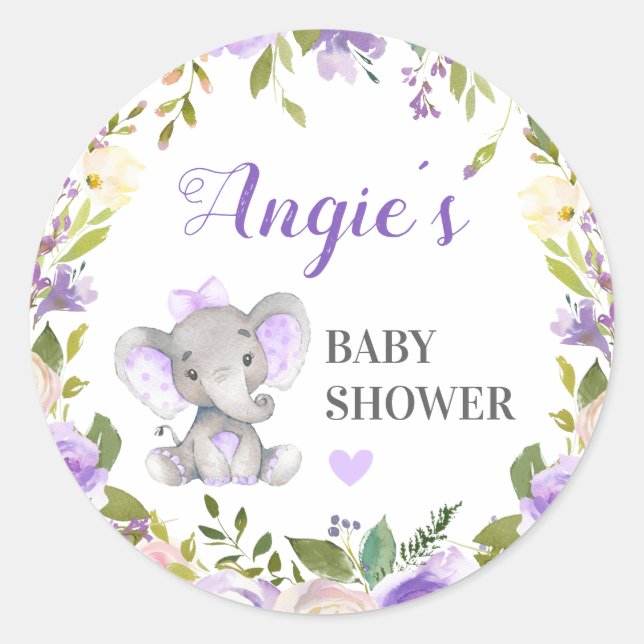 Elephant Baby Girl Shower Lavender Purple Favour Classic Round Sticker (Front)