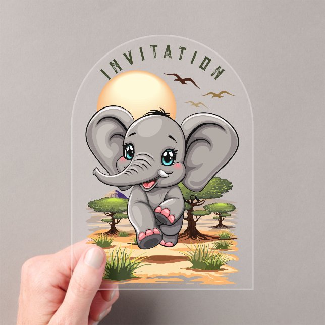 Elephant Baby Jumping Happy in African Savannah Acrylic Invitations (Insitu (Handheld))