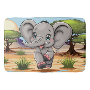 Elephant Baby Jumping Happy in African Savannah Bath Mat