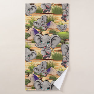 Elephant Baby Jumping Happy in African Savannah Bath Towel Set