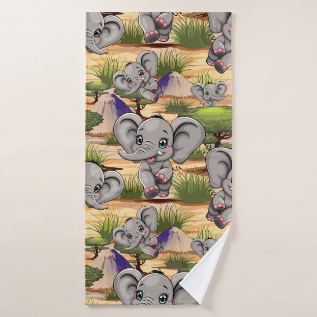 Elephant Baby Jumping Happy in African Savannah Bath Towel Set (Bath Towel)
