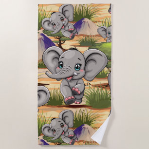 Elephant Baby Jumping Happy in African Savannah Beach Towel