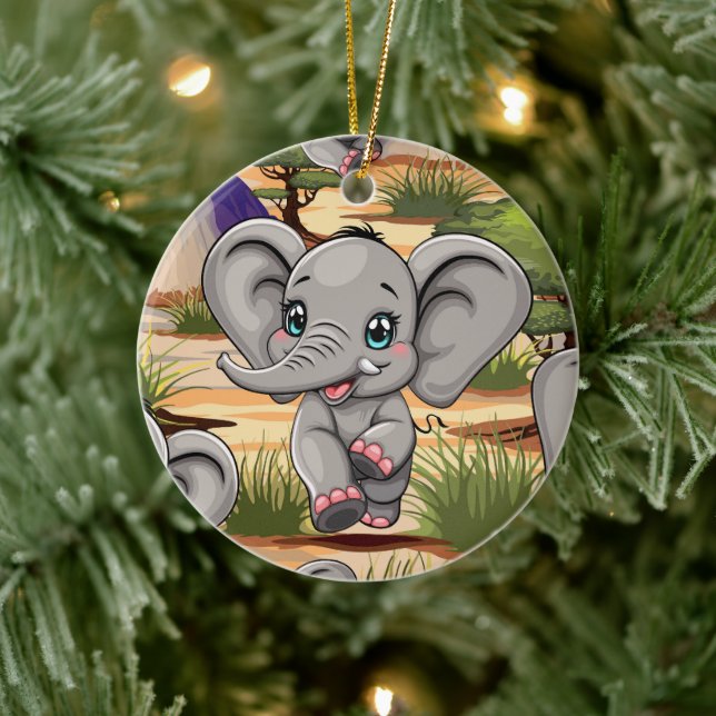 Elephant Baby Jumping Happy in African Savannah Ceramic Ornament (Tree)