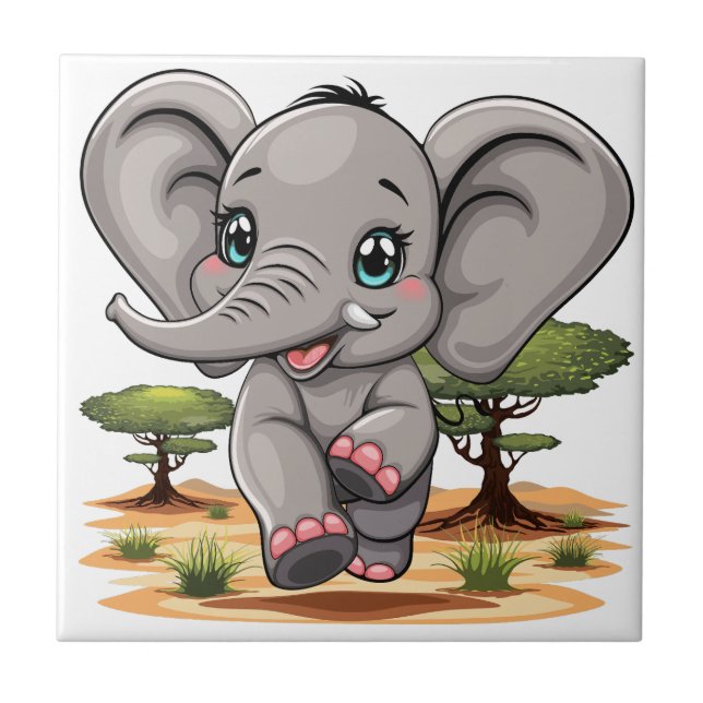 Elephant Baby Jumping Happy in African Savannah Ceramic Tile (Front)