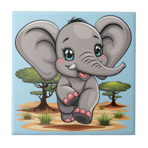 Elephant Baby Jumping Happy in African Savannah Ceramic Tile