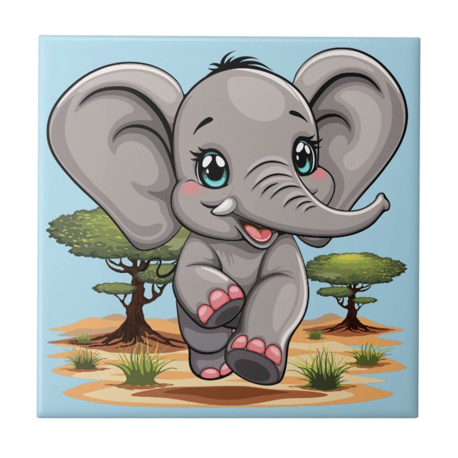 Elephant Baby Jumping Happy in African Savannah Ceramic Tile (Front)