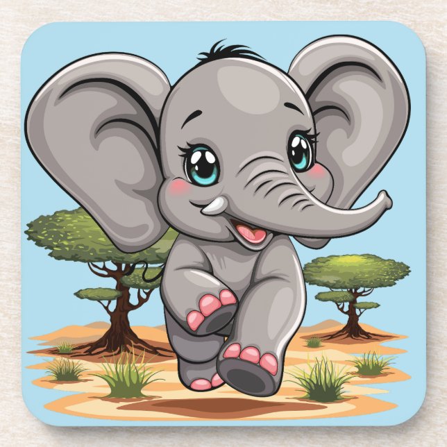 Elephant Baby Jumping Happy in African Savannah Coaster (Front)