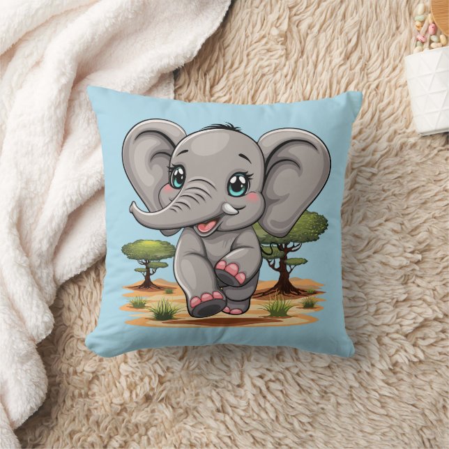 Elephant Baby Jumping Happy in African Savannah Cushion (Blanket)