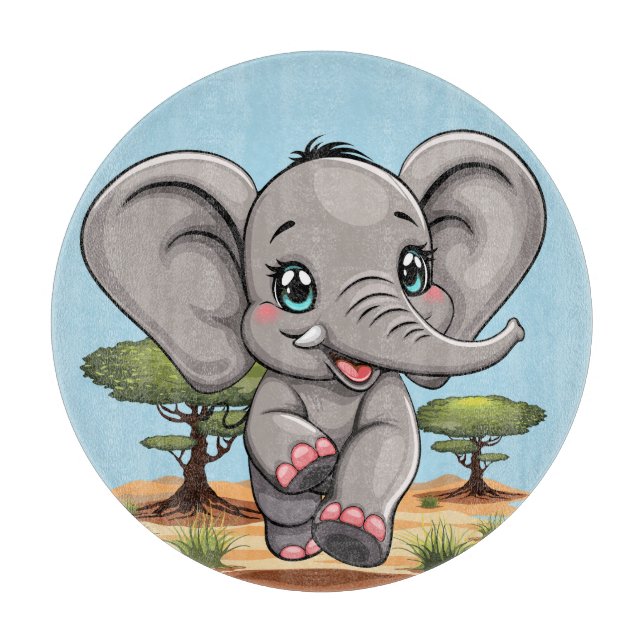 Elephant Baby Jumping Happy in African Savannah Cutting Board (Front)