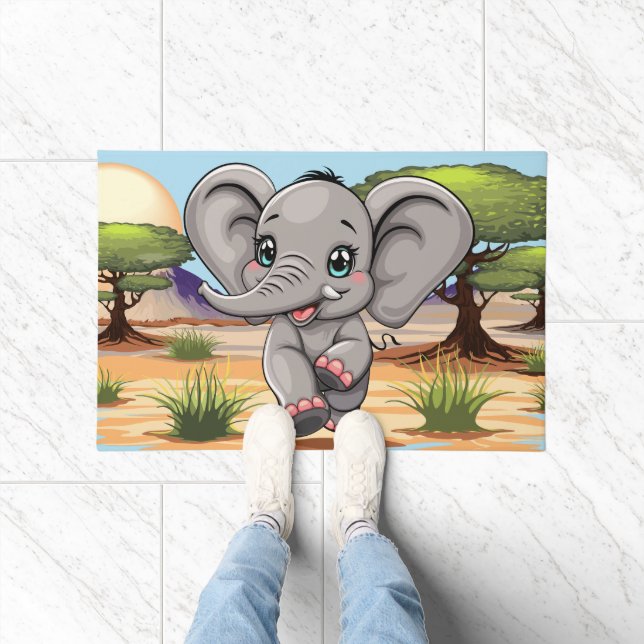 Elephant Baby Jumping Happy in African Savannah Doormat (Indoor)