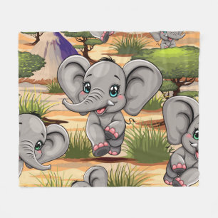 Elephant Baby Jumping Happy in African Savannah Fleece Blanket