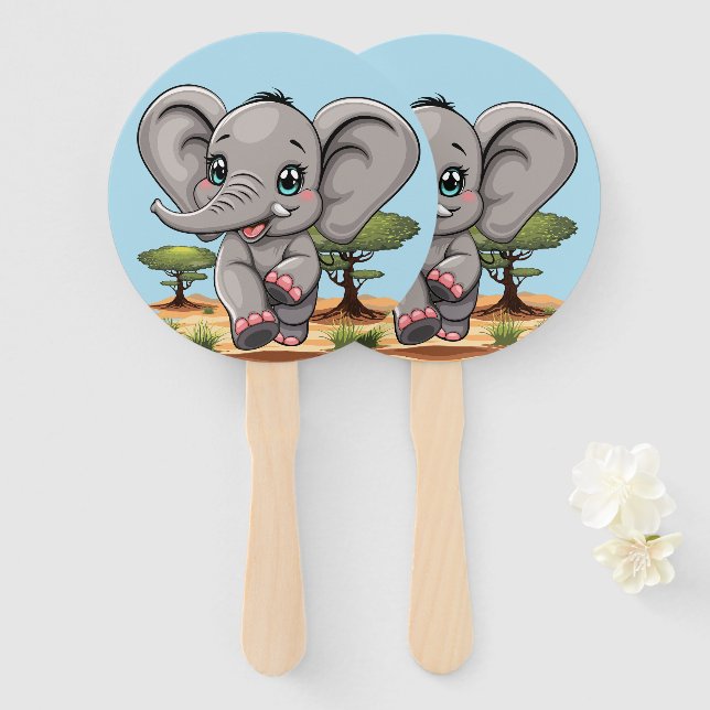 Elephant Baby Jumping Happy in African Savannah Hand Fan (Front and Back)
