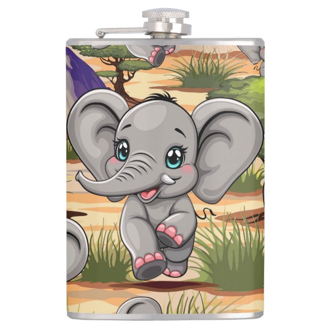 Elephant Baby Jumping Happy in African Savannah Hip Flask (Front)