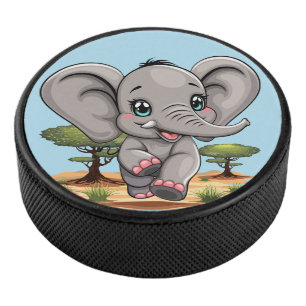 Elephant Baby Jumping Happy in African Savannah Hockey Puck