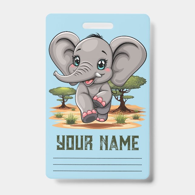 Elephant Baby Jumping Happy in African Savannah ID Badge (Front)