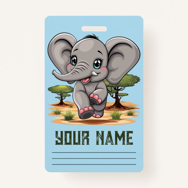 Elephant Baby Jumping Happy in African Savannah ID Badge (Front)