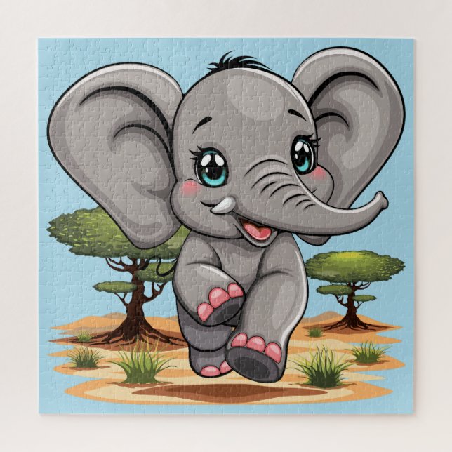 Elephant Baby Jumping Happy in African Savannah Jigsaw Puzzle (Vertical)