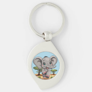 Elephant Baby Jumping Happy in African Savannah Key Ring
