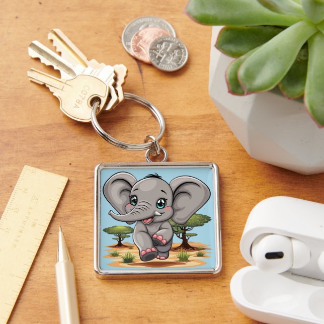 Elephant Baby Jumping Happy in African Savannah Key Ring (Desk)