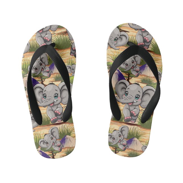 Elephant Baby Jumping Happy in African Savannah Kid's Thongs (Footbed)