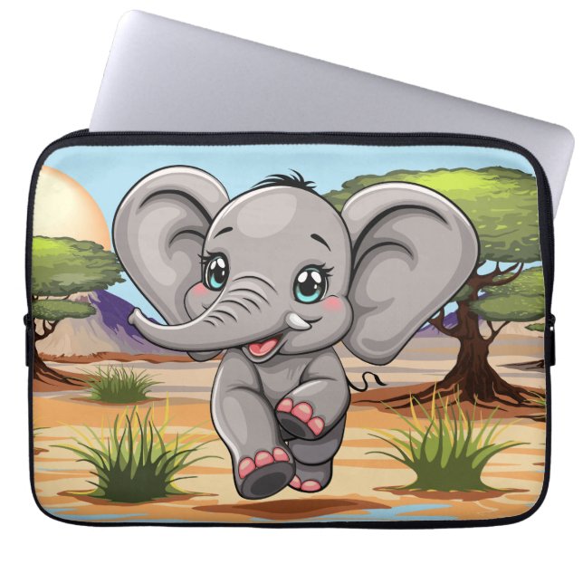 Elephant Baby Jumping Happy in African Savannah Laptop Sleeve (Front)